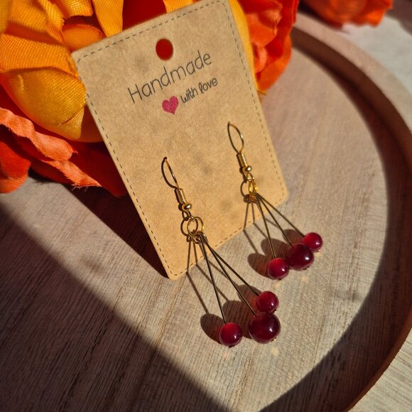 Handmade Triangular & Asymmetrical 3 Red Bead Earrings - Picture 4 of 4